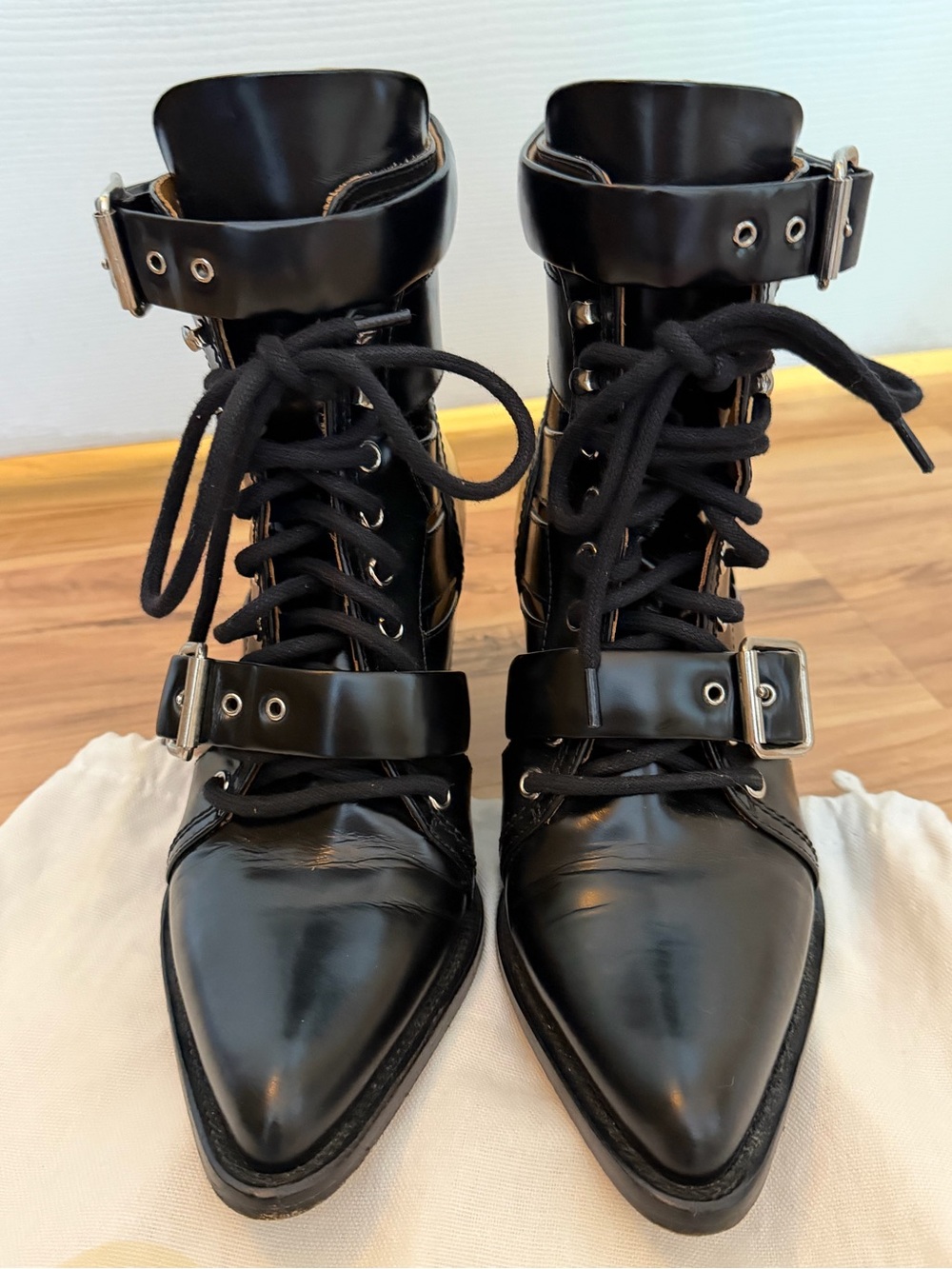 CHLOE Black Lace Up Buckle Booties Size Women’s 38
